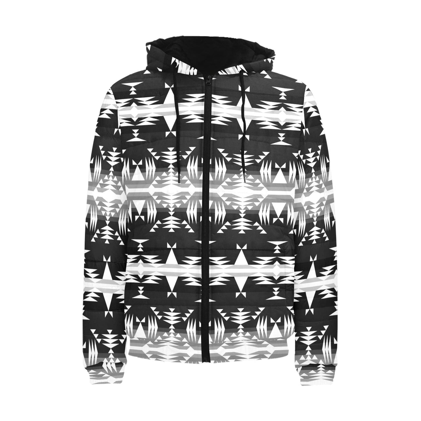 Between the Mountains Black and White Men's Padded Hooded Jacket