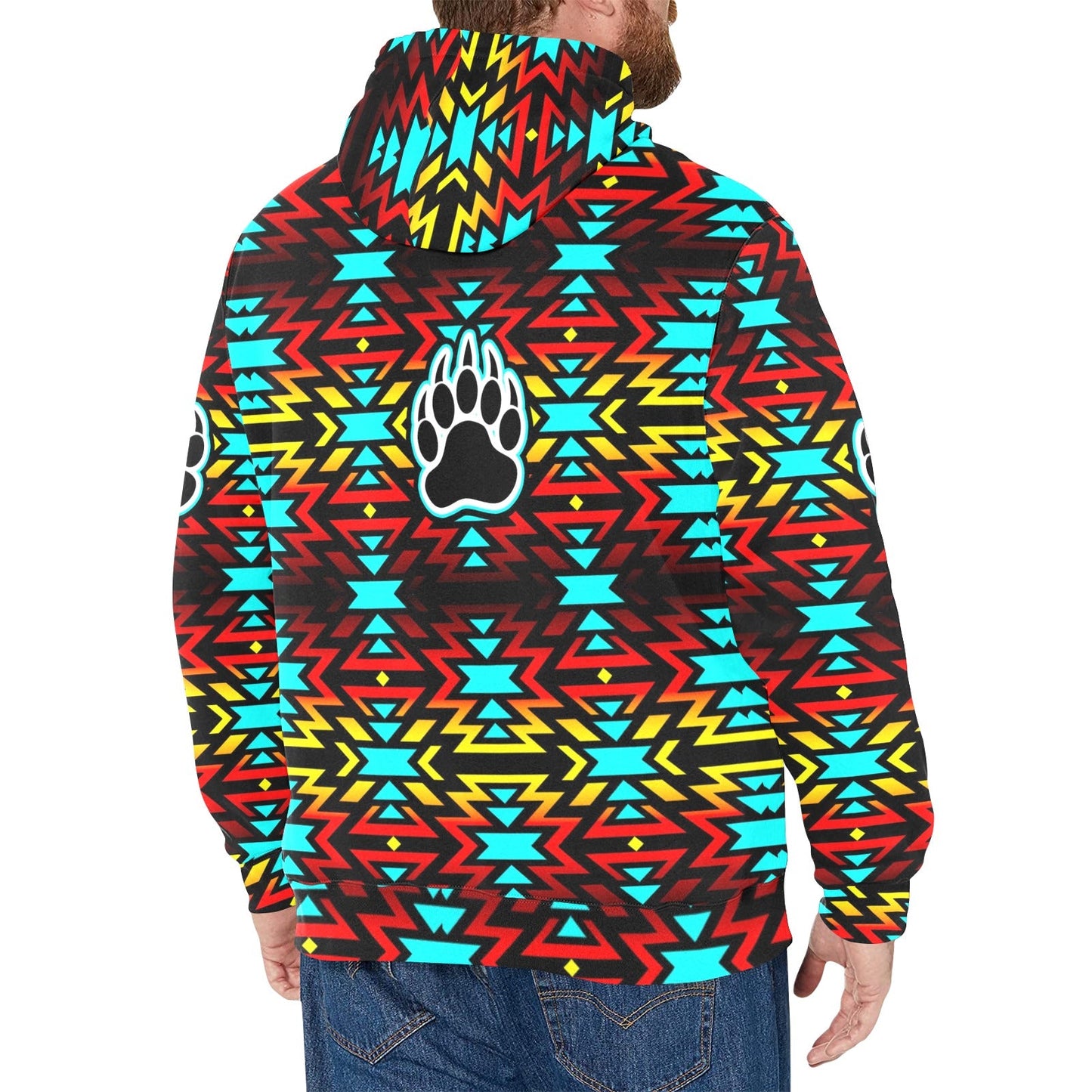Fire Colors and Turquoise Bearpaw Men's Long Sleeve Fleece Hoodie
