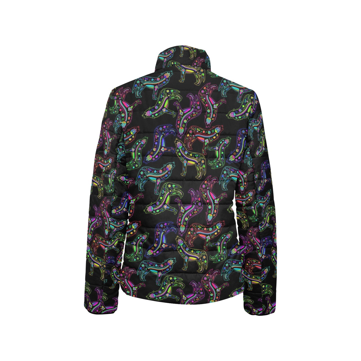 Neon Floral Wolves Women's Stand Collar Padded Jacket