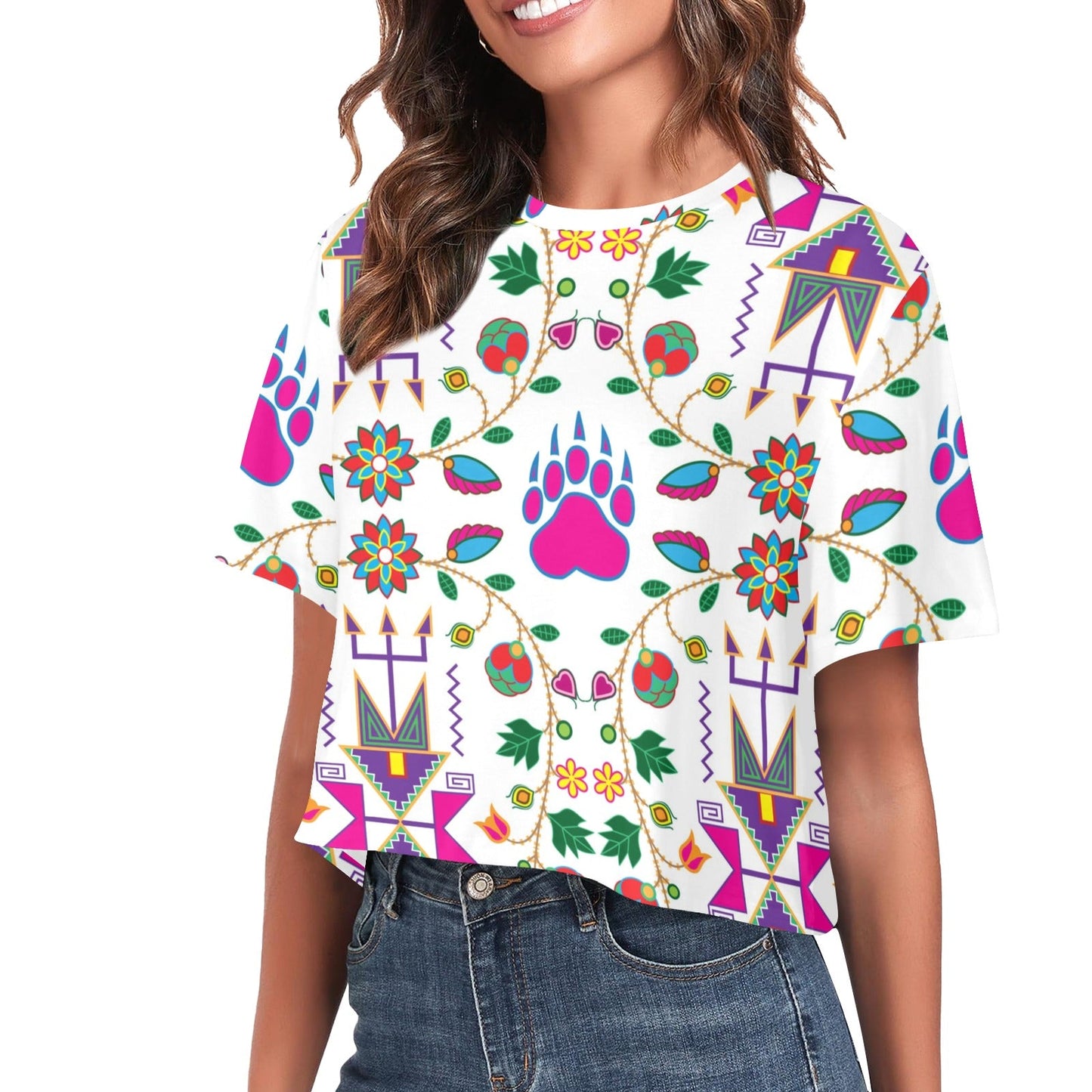 Geometric Floral Fall White Crop Top