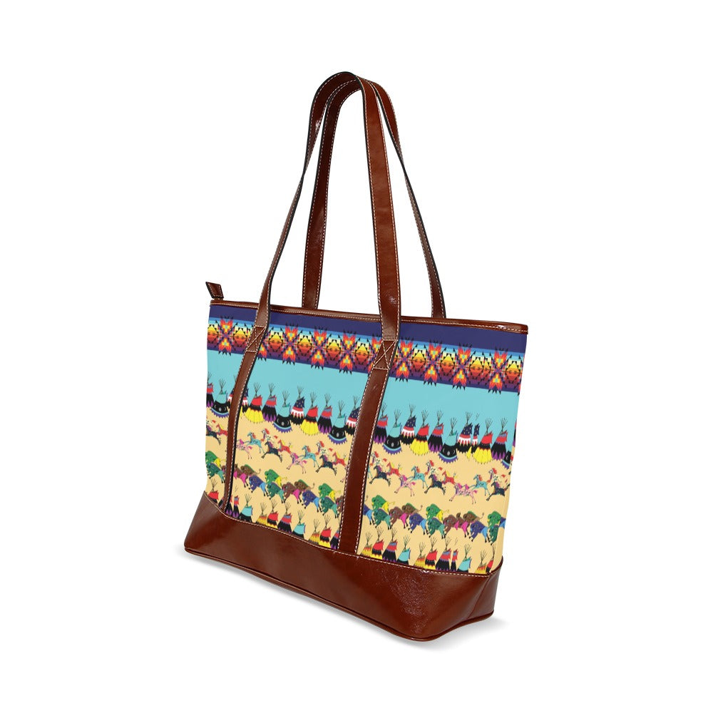 Horses and Buffalo Ledger Blue Tote Handbag