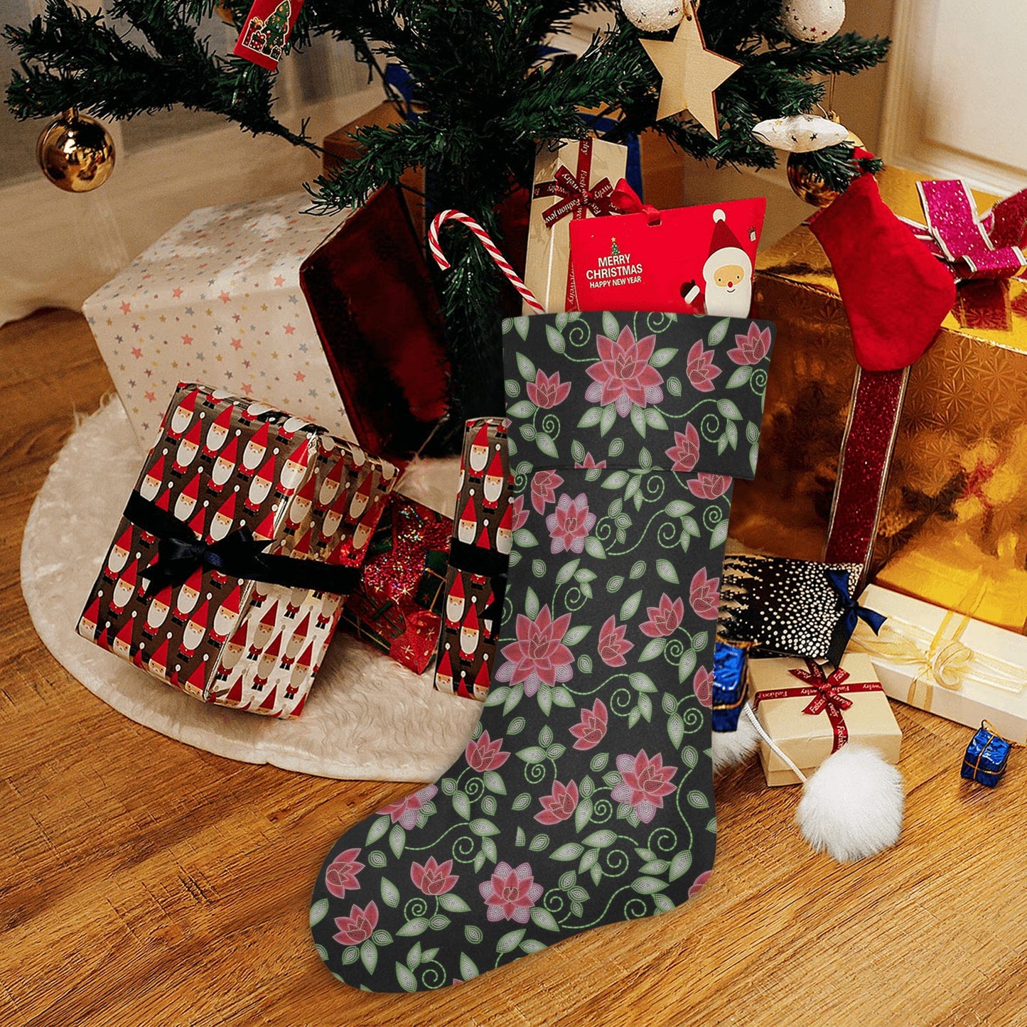 Red Beaded Rose Christmas Stocking