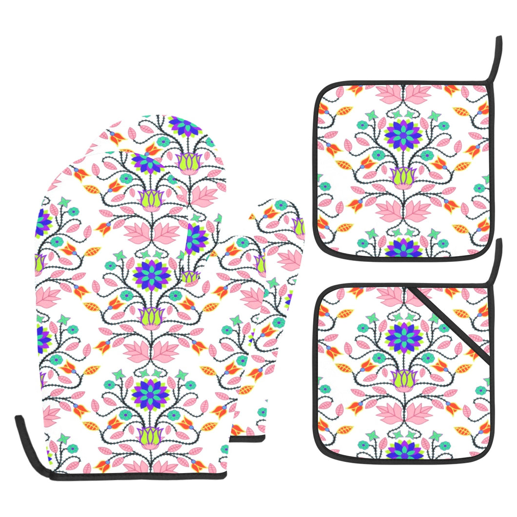 Floral Beadwork Four Clans White Oven Mitt & Pot Holder