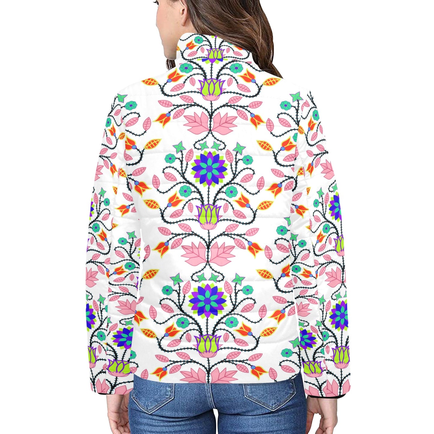 Floral Beadwork Four Clans White Women's Stand Collar Padded Jacket