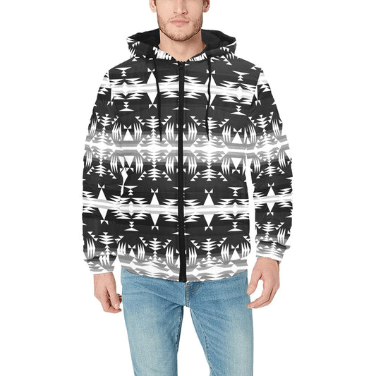 Between the Mountains Black and White Men's Padded Hooded Jacket