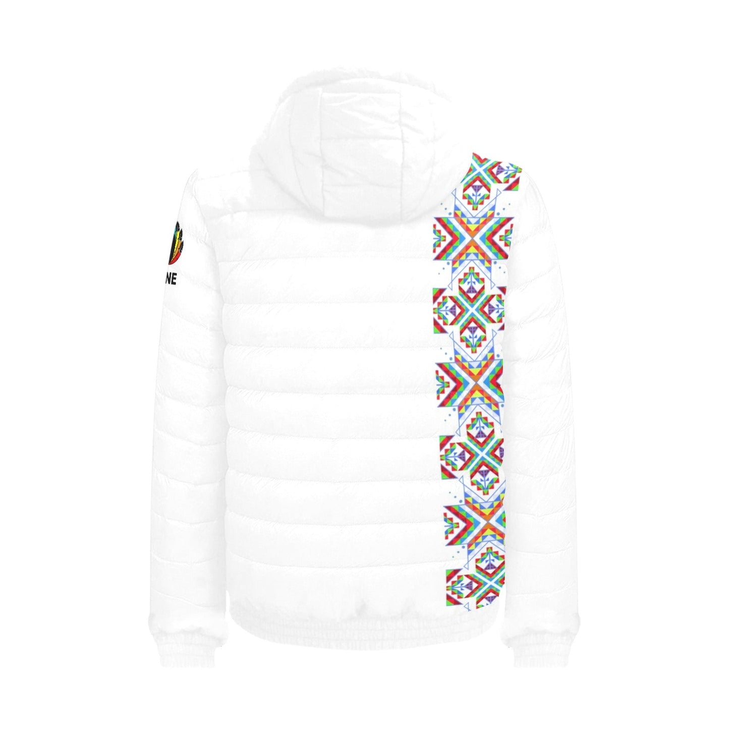 White Blanket Strip on White Men's Padded Hooded Jacket