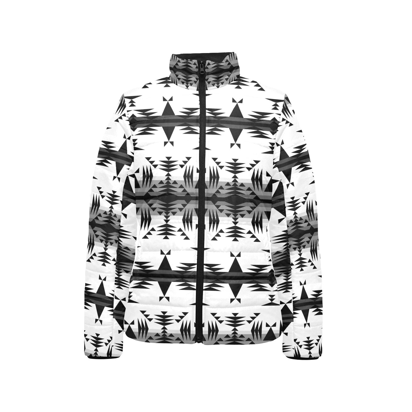 Between the Mountains White and Black Women's Stand Collar Padded Jacket