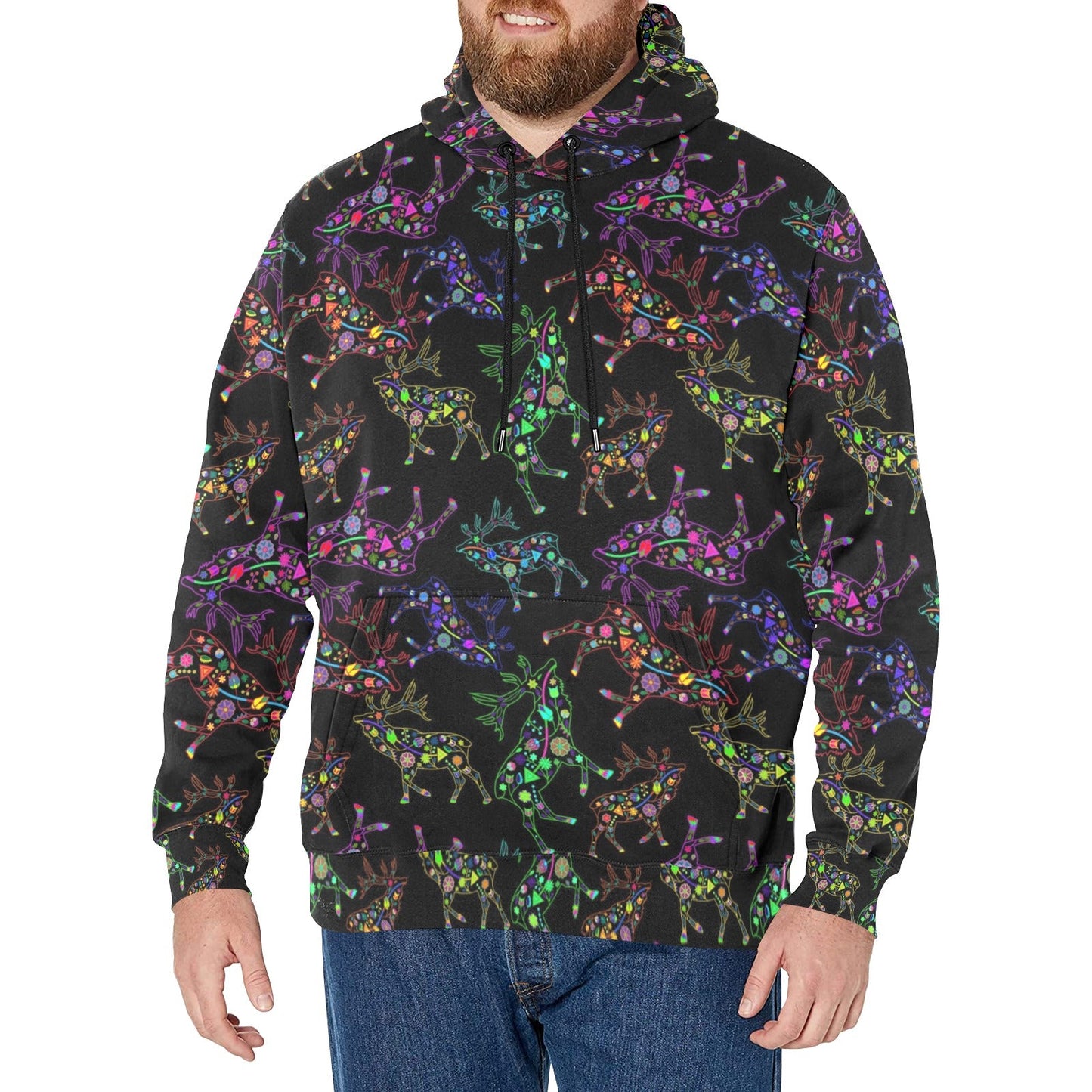 Neon Floral Elks Men's Long Sleeve Fleece Hoodie