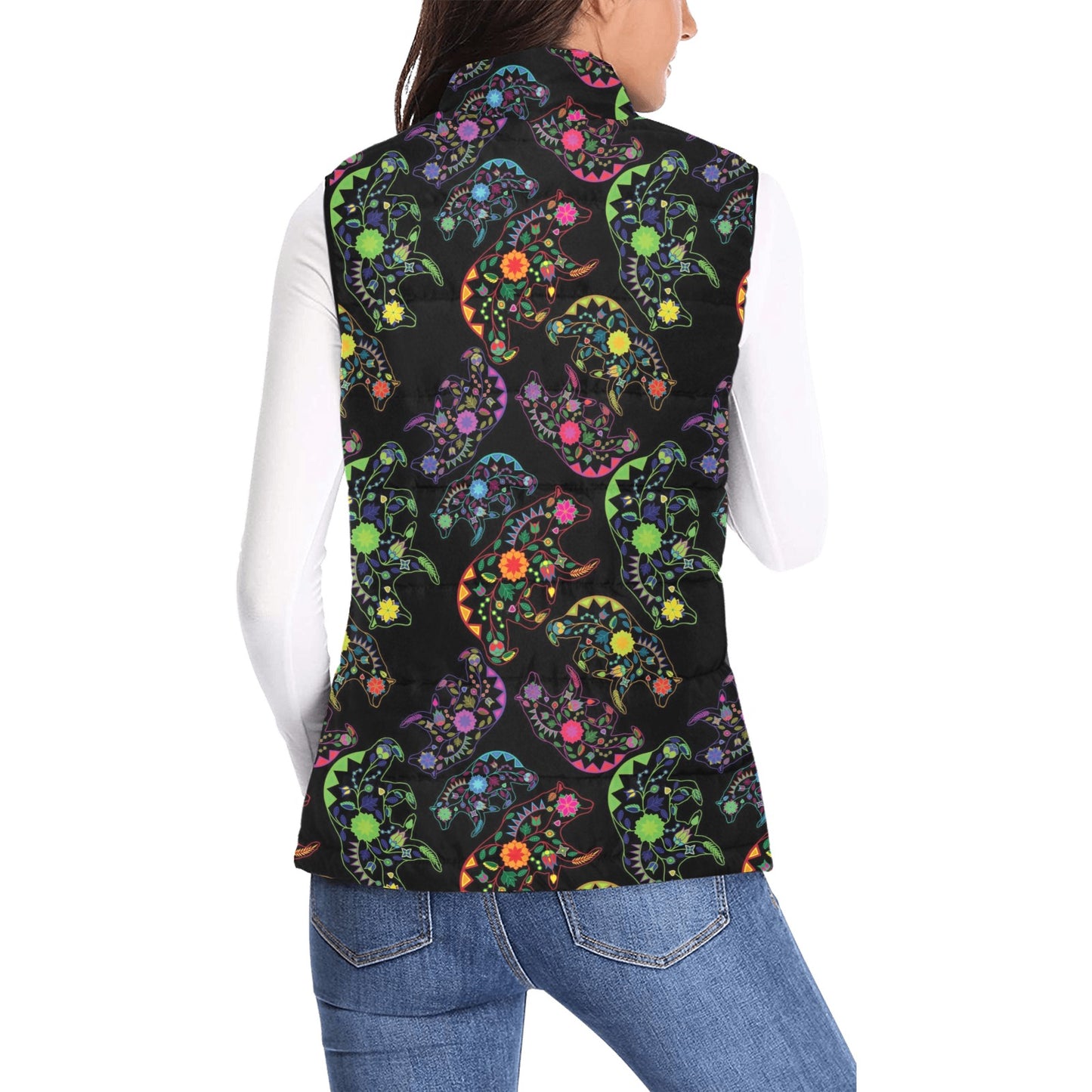 Neon Floral Bears Women's Padded Vest Jacket