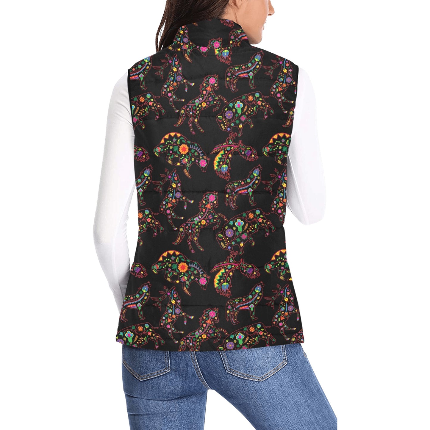 Neon Floral Animals Women's Padded Vest Jacket