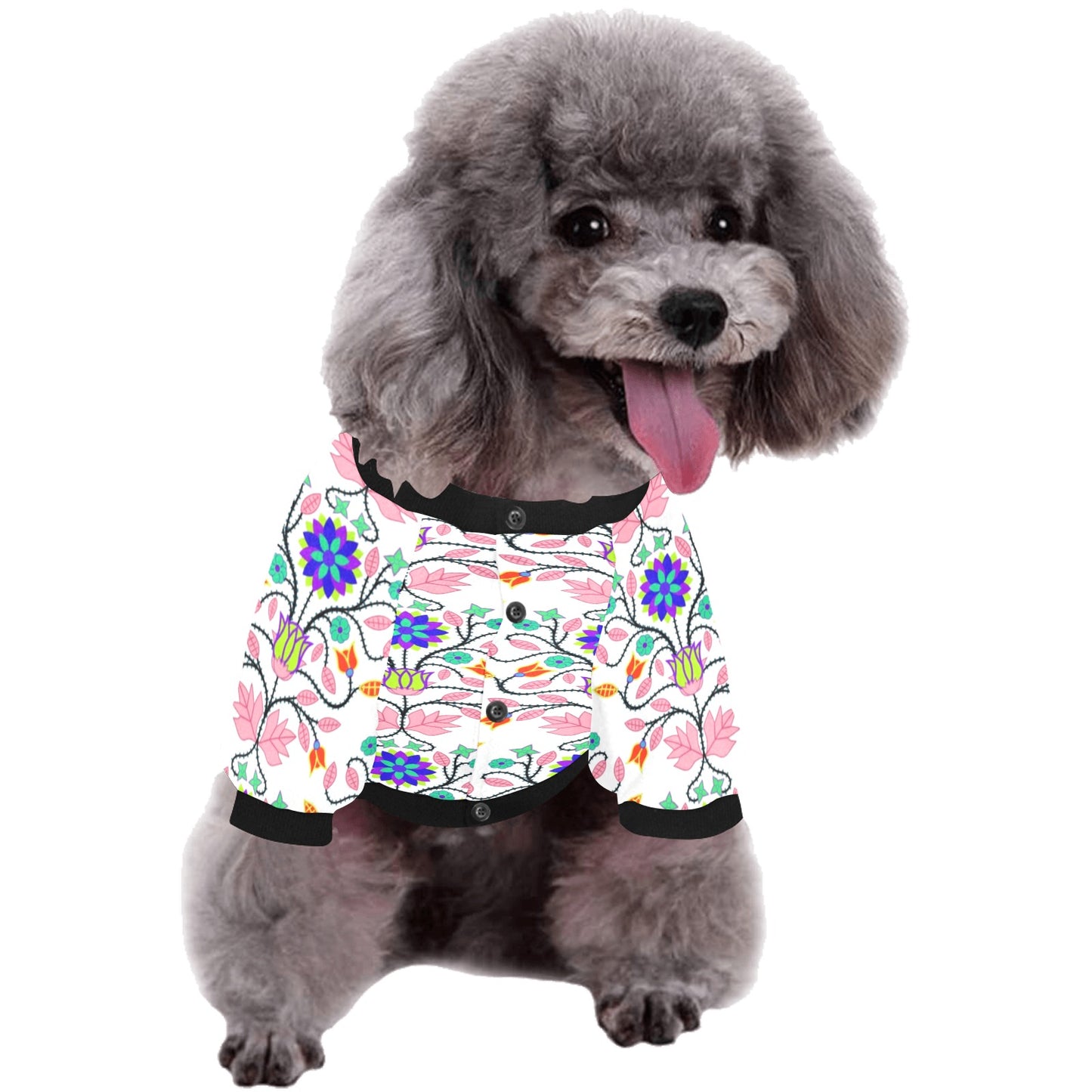 Floral Beadwork Four Clans White Pet Dog Round Neck Shirt