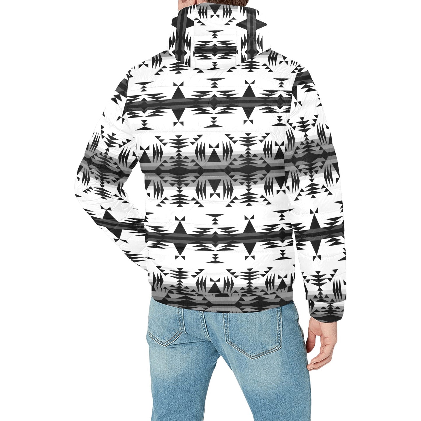 Between the Mountains White and Black Men's Padded Hooded Jacket