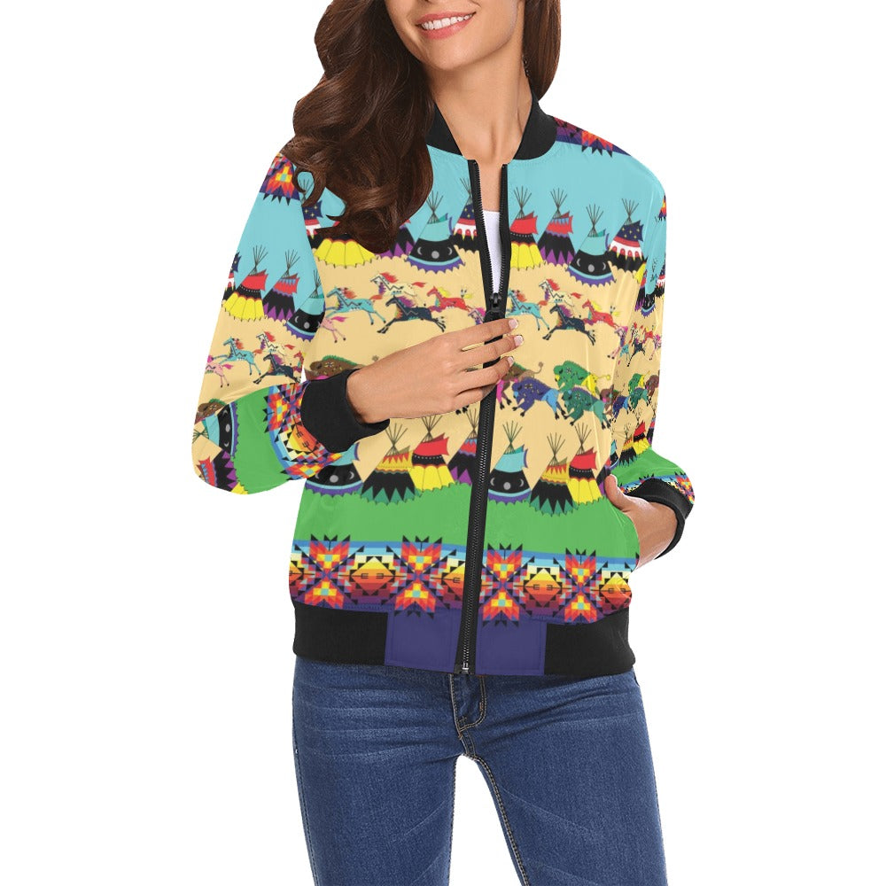 Horses and Buffalo Ledger Blue Bomber Jacket for Women