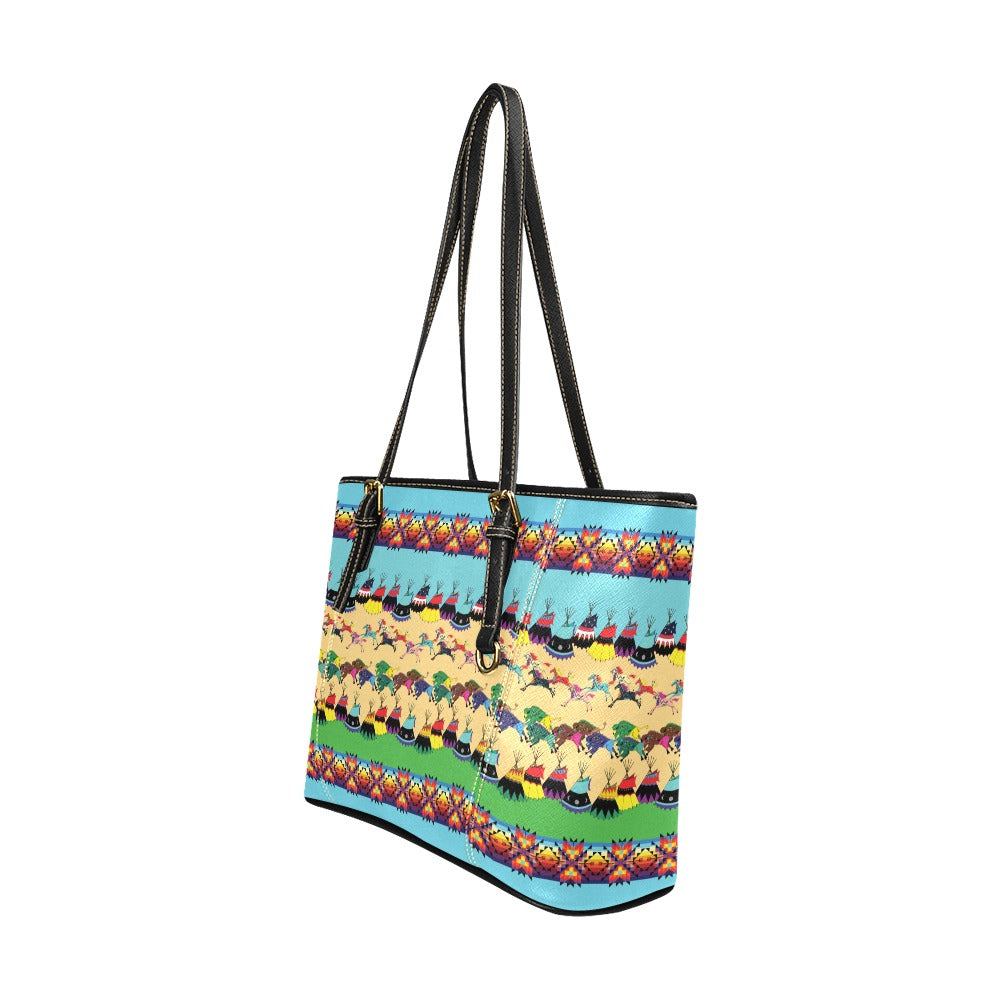 Horses and Buffalo Ledger Torquoise Leather Tote Bag