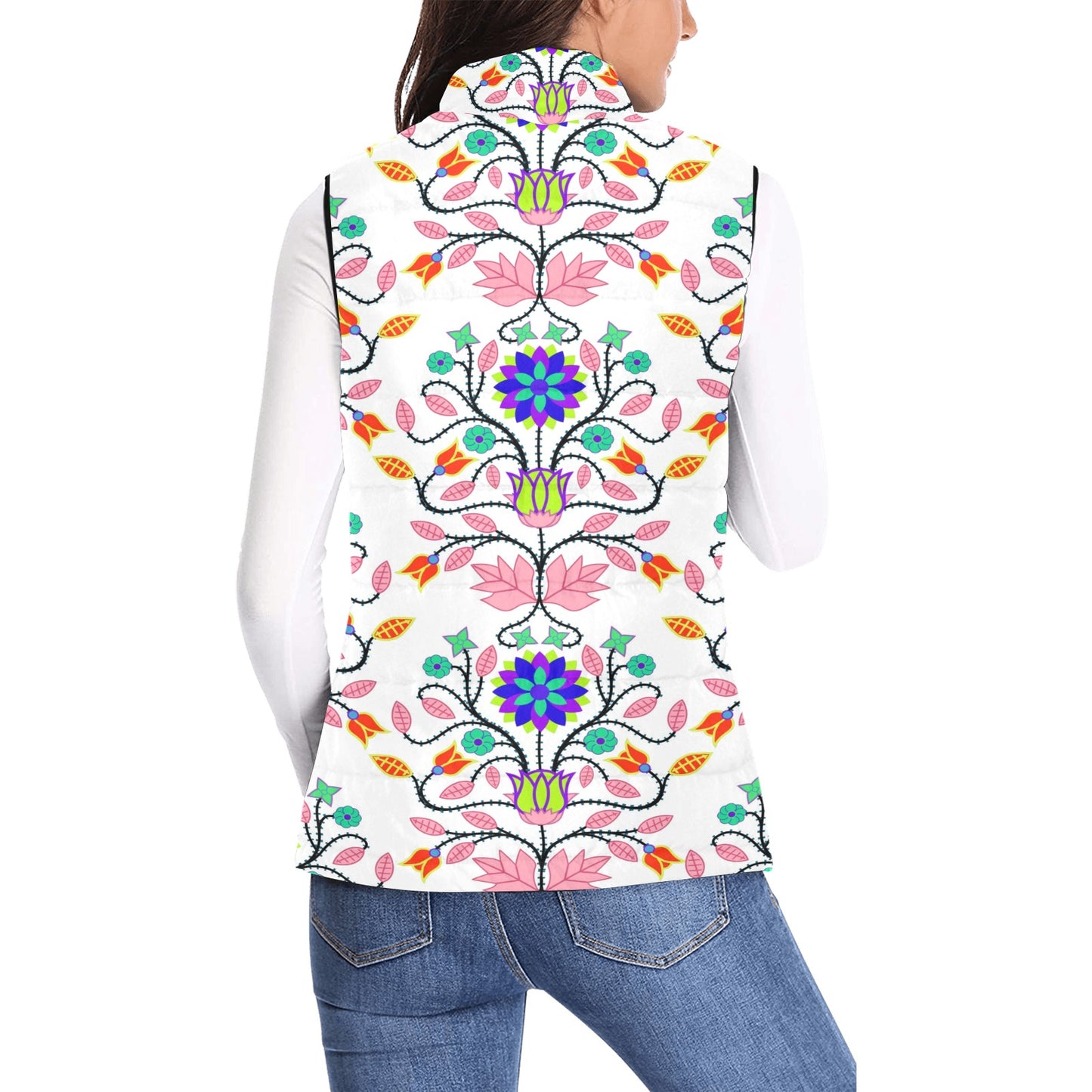 Floral Beadwork Four Clans White Women's Padded Vest Jacket