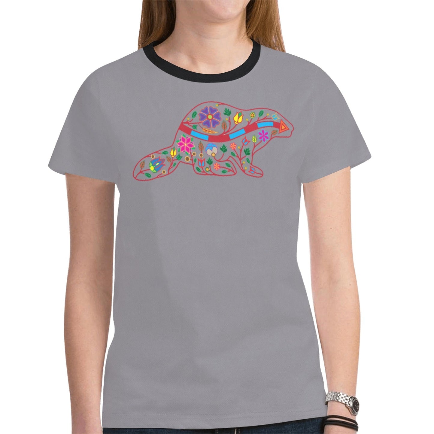 Floral Beaver Spirit Guide Dark Grey Tee