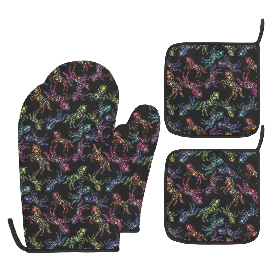 Neon Floral Horses Oven Mitt & Pot Holder