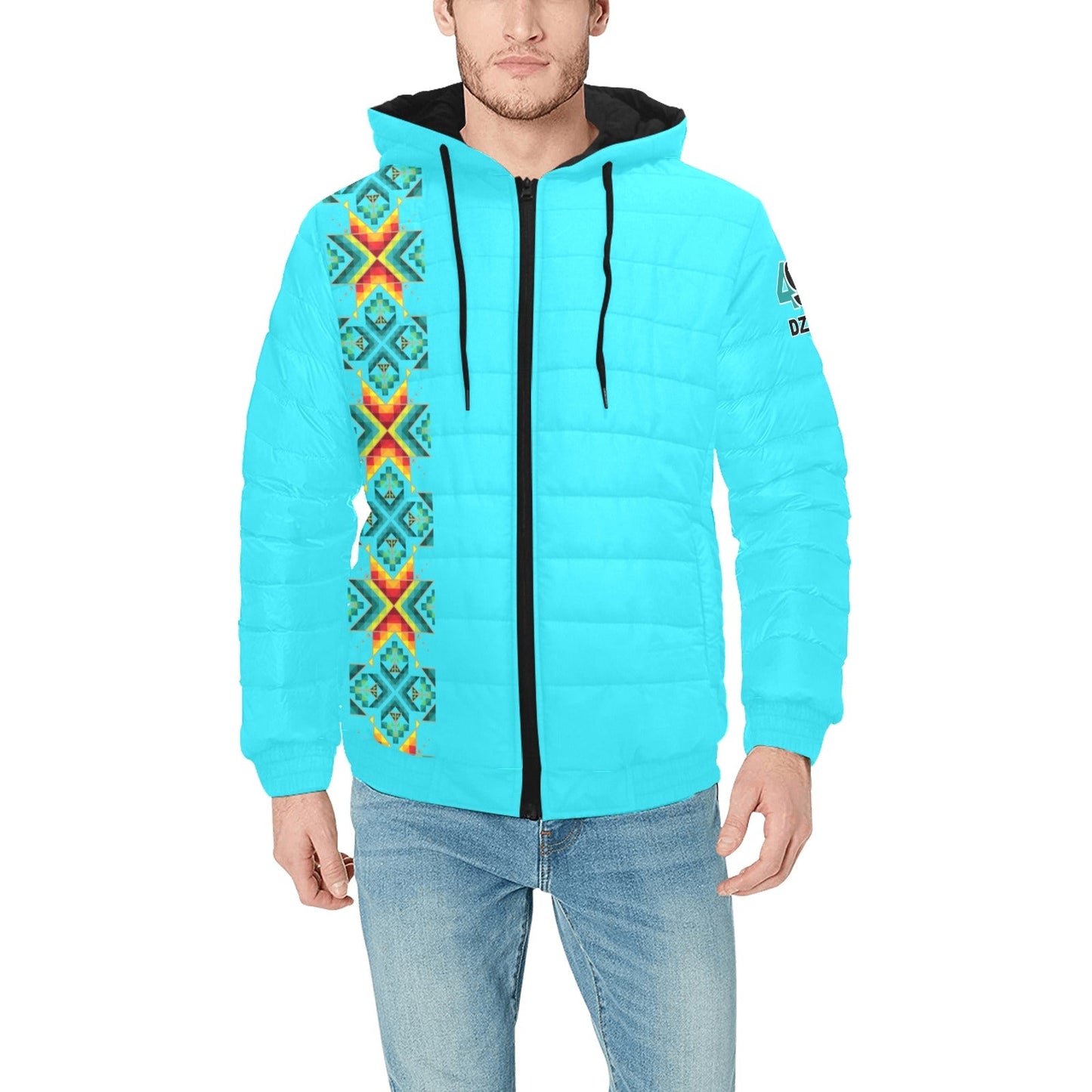 Turquoise Blanket Strip Men's Padded Hooded Jacket