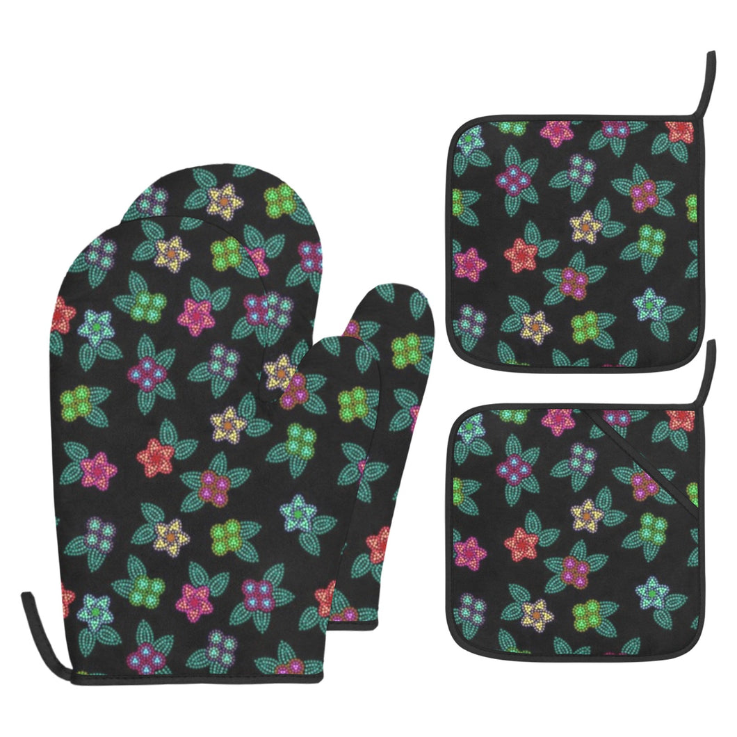 Berry Flowers Black Oven Mitt & Pot Holder