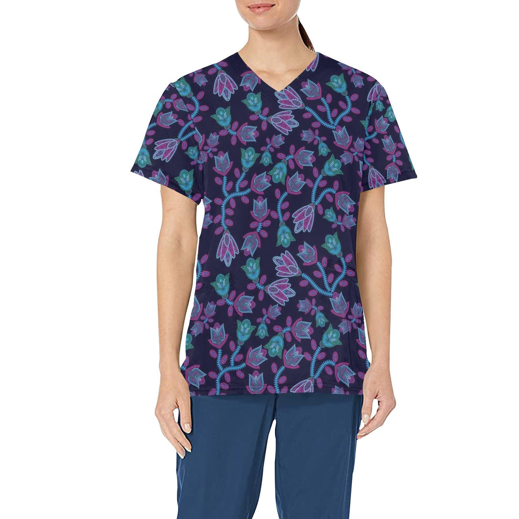 Beaded Blue Nouveau All Over Print Scrub Top Scrub Top e-joyer 