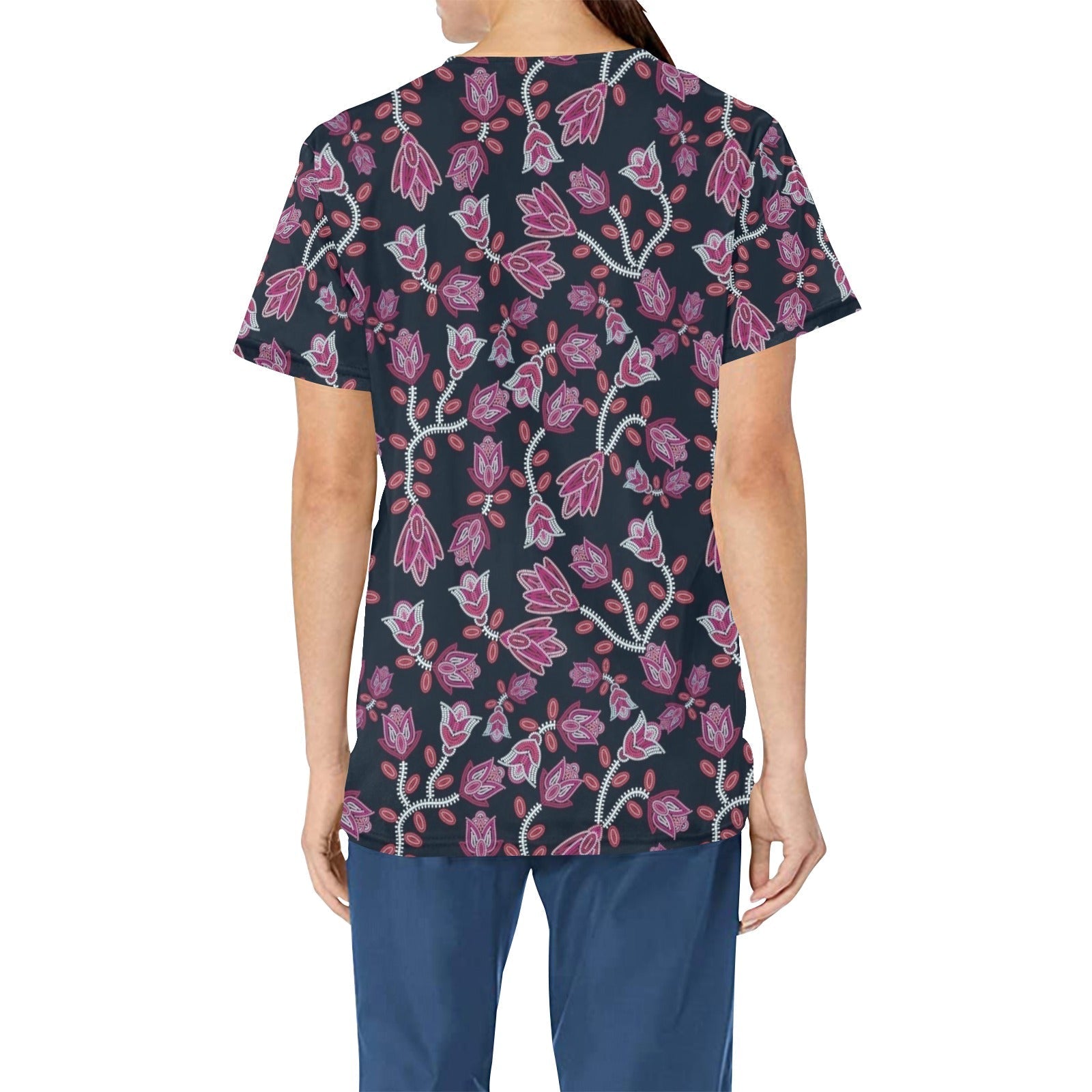 Beaded Pink All Over Print Scrub Top Scrub Top e-joyer 