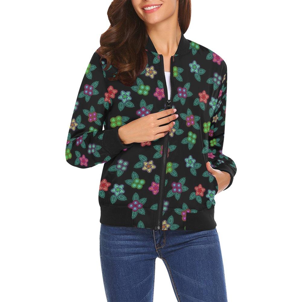 Berry Flowers Black All Over Print Bomber Jacket for Women (Model H19) All Over Print Bomber Jacket for Women (H19) e-joyer 