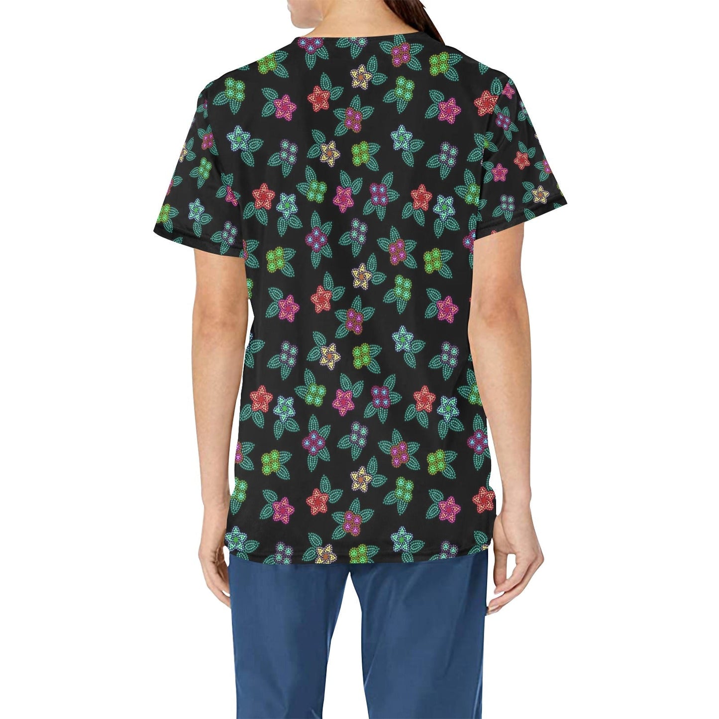 Berry Flowers Black All Over Print Scrub Top Scrub Top e-joyer 