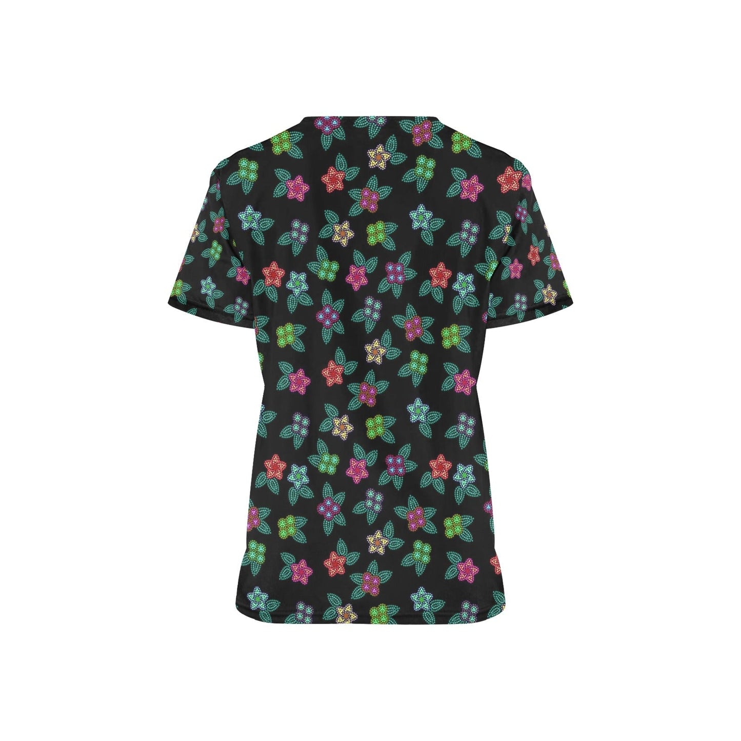 Berry Flowers Black All Over Print Scrub Top Scrub Top e-joyer 