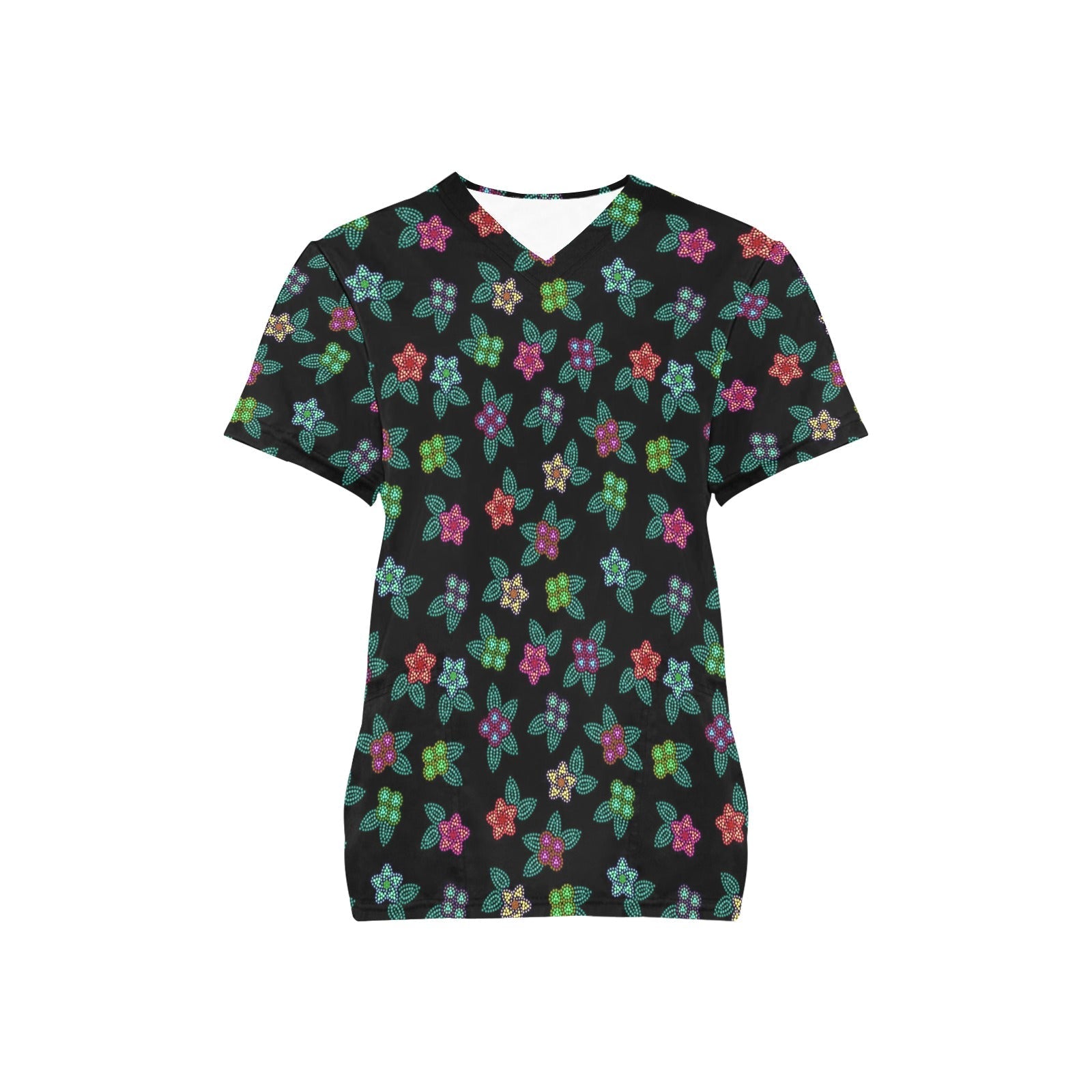 Berry Flowers Black All Over Print Scrub Top Scrub Top e-joyer 