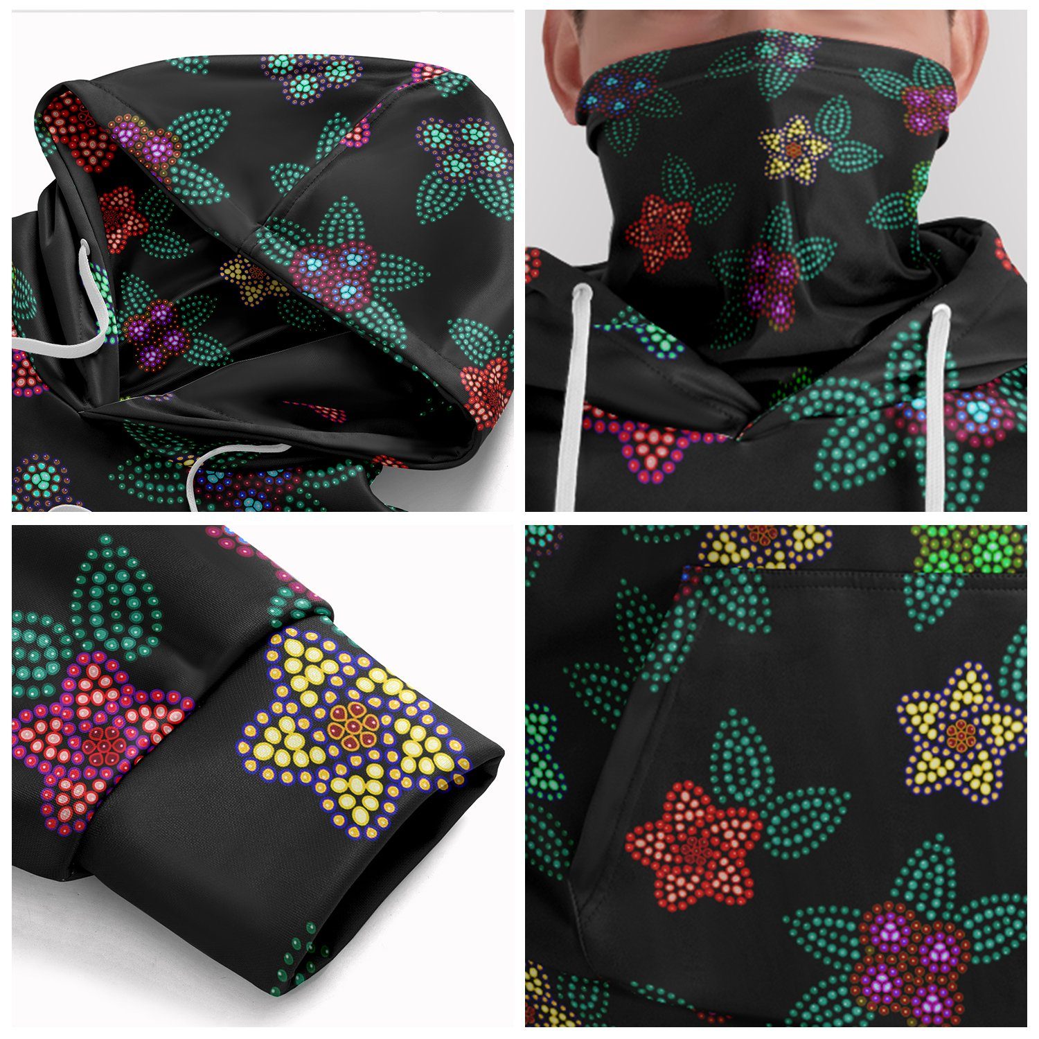 Berry Flowers Black Hoodie with Face Cover 49 Dzine 