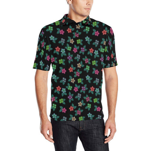 Berry Flowers Black Men's All Over Print Polo Shirt (Model T55) Men's Polo Shirt (Model T55) e-joyer 