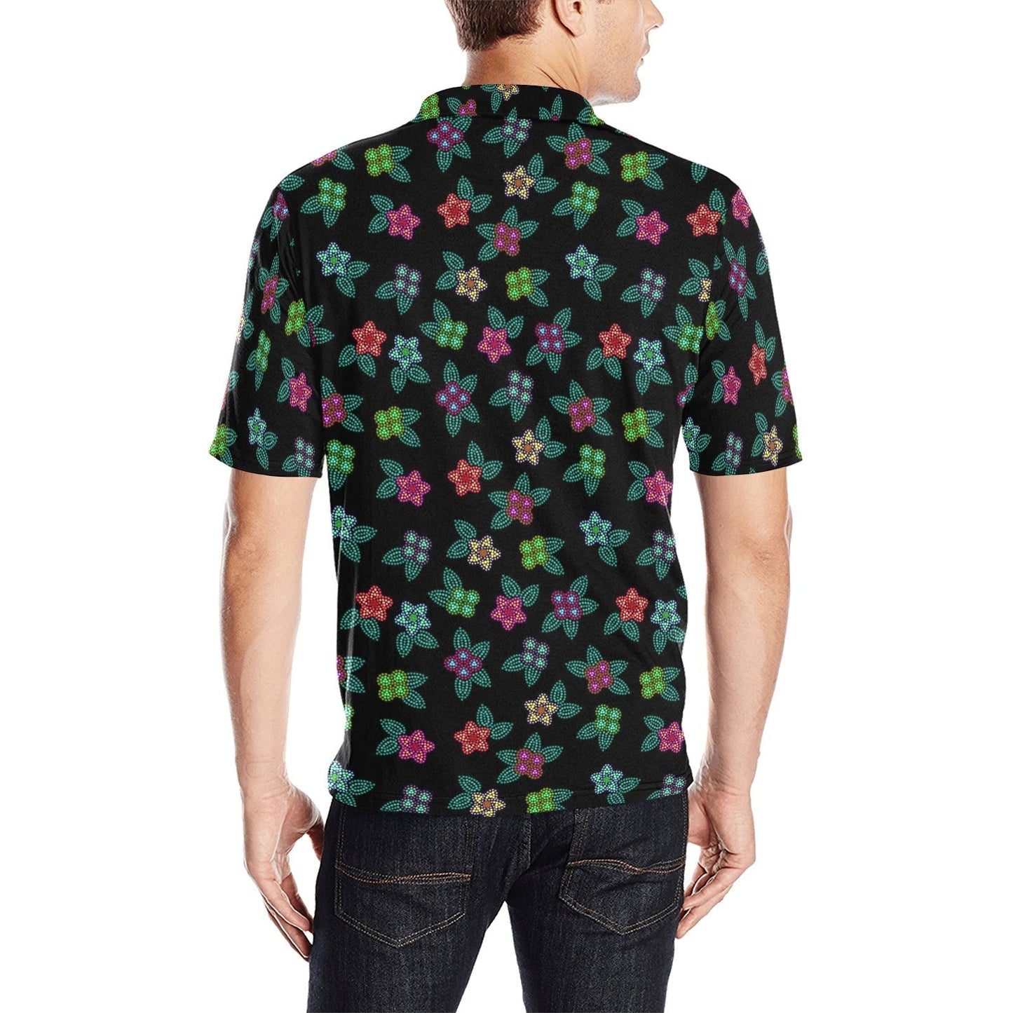 Berry Flowers Black Men's All Over Print Polo Shirt (Model T55) Men's Polo Shirt (Model T55) e-joyer 