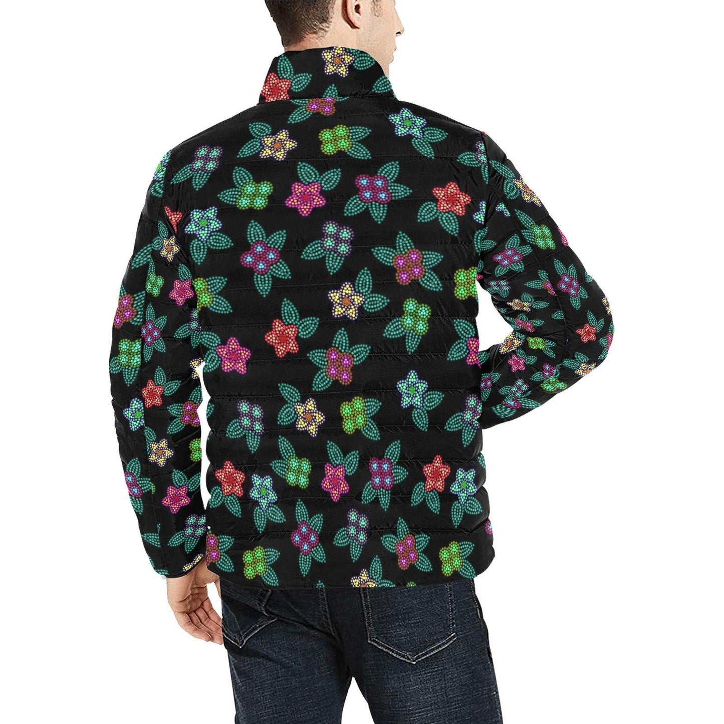 Berry Flowers Black Men's Stand Collar Padded Jacket (Model H41) Men's Stand Collar Padded Jacket (H41) e-joyer 