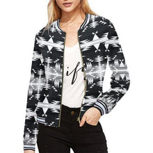 Load image into Gallery viewer, Between the Mountains Black and White All Over Print Bomber Jacket for Women (Model H21) All Over Print Bomber Jacket for Women (H21) e-joyer 
