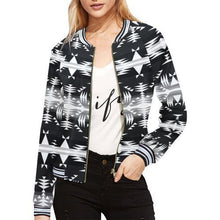 Load image into Gallery viewer, Between the Mountains Black and White All Over Print Bomber Jacket for Women (Model H21) All Over Print Bomber Jacket for Women (H21) e-joyer 
