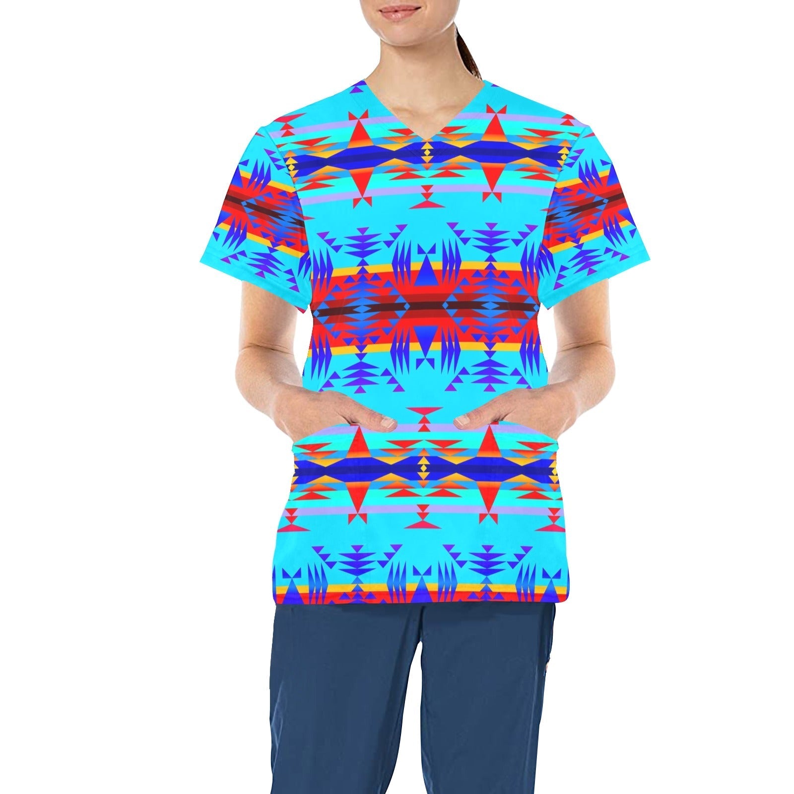 Between the Mountains Blue All Over Print Scrub Top Scrub Top e-joyer 