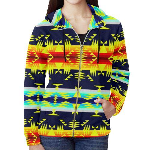 Between the Mountains Navy Yellow All Over Print Full Zip Hoodie for Women (Model H14) All Over Print Full Zip Hoodie for Women (H14) e-joyer 