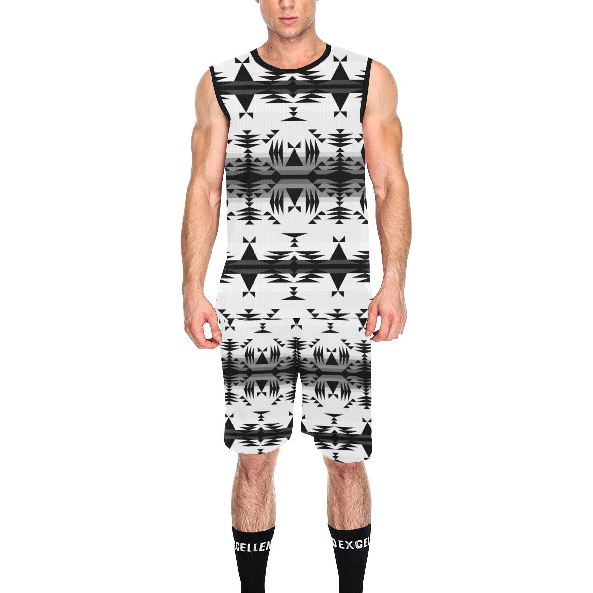 Between the Mountains White and Black All Over Print Basketball Uniform Basketball Uniform e-joyer 