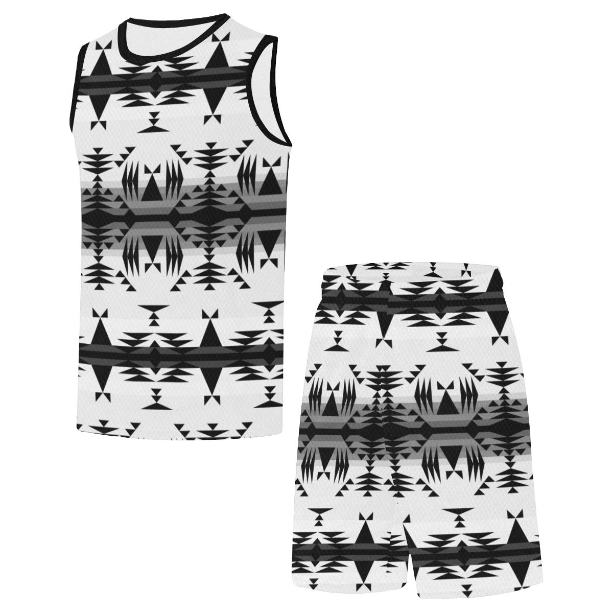 Between the Mountains White and Black All Over Print Basketball Uniform Basketball Uniform e-joyer 