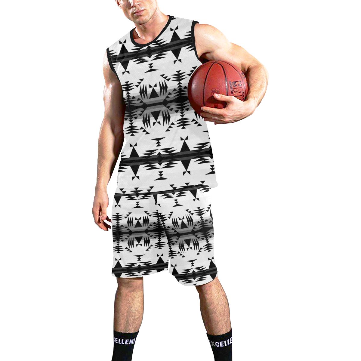 Between the Mountains White and Black All Over Print Basketball Uniform Basketball Uniform e-joyer 