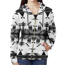 Load image into Gallery viewer, Between the Mountains White and Black All Over Print Full Zip Hoodie for Women (Model H14) All Over Print Full Zip Hoodie for Women (H14) e-joyer 
