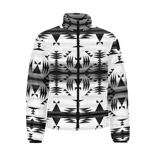 Between the Mountains White and Black Men's Stand Collar Padded Jacket (Model H41) Men's Stand Collar Padded Jacket (H41) e-joyer 