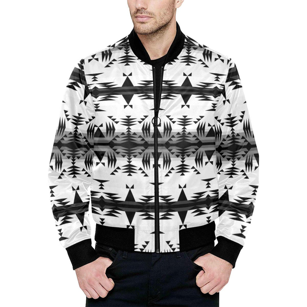 Between the Mountains White and Black Unisex Heavy Bomber Jacket with Quilted Lining All Over Print Quilted Jacket for Men (H33) e-joyer 
