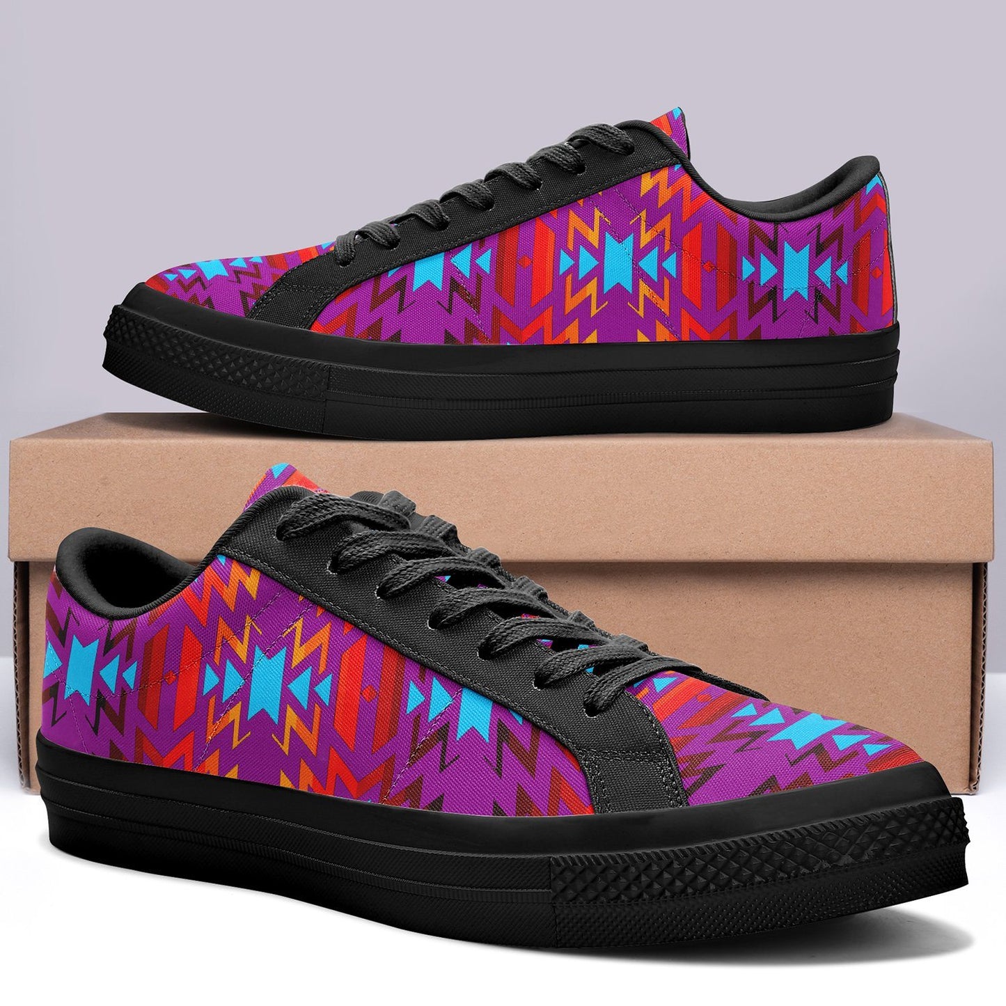 Big Pattern Fire Colors and Turquoise Purple Aapisi Low Top Canvas Shoes Black Sole 49 Dzine 