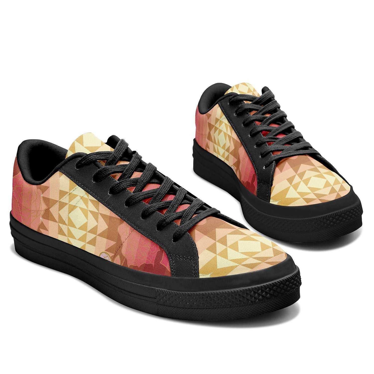 Butterfly and Roses on Geometric Aapisi Low Top Canvas Shoes Black Sole aapisi Herman 