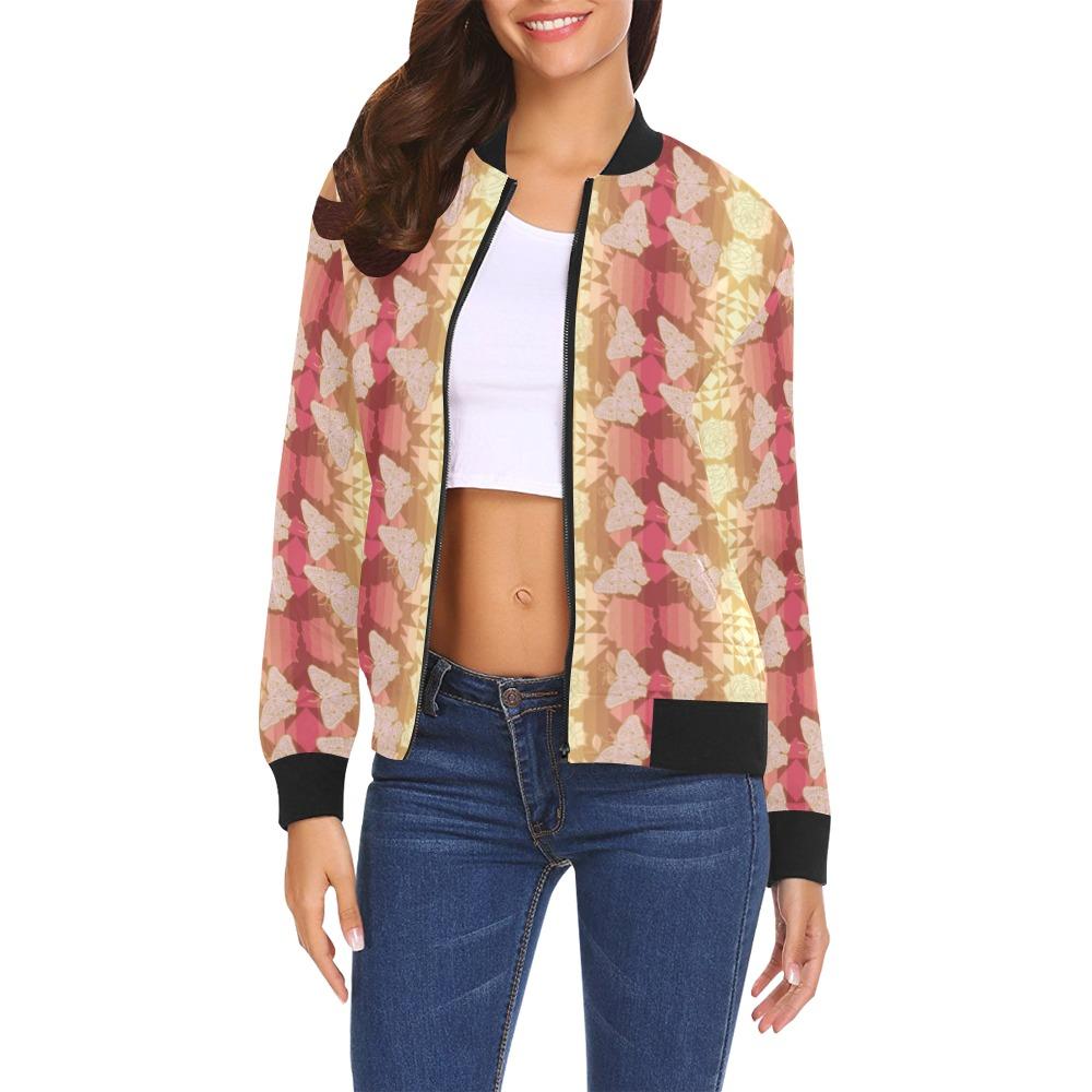 Butterfly and Roses on Geometric All Over Print Bomber Jacket for Women (Model H19) All Over Print Bomber Jacket for Women (H19) e-joyer 