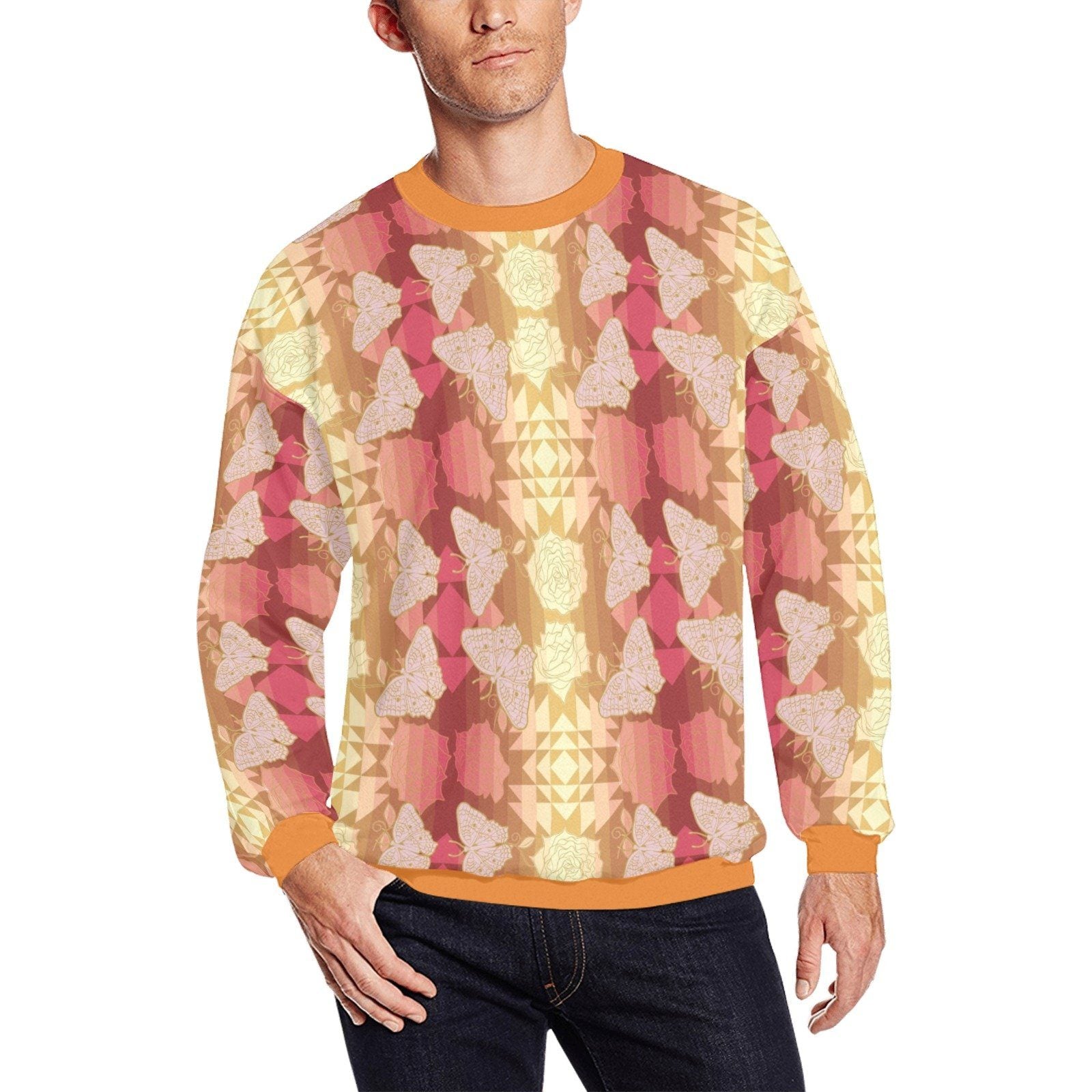 Butterfly and Roses on Geometric All Over Print Crewneck Sweatshirt for Men (Model H18) shirt e-joyer 