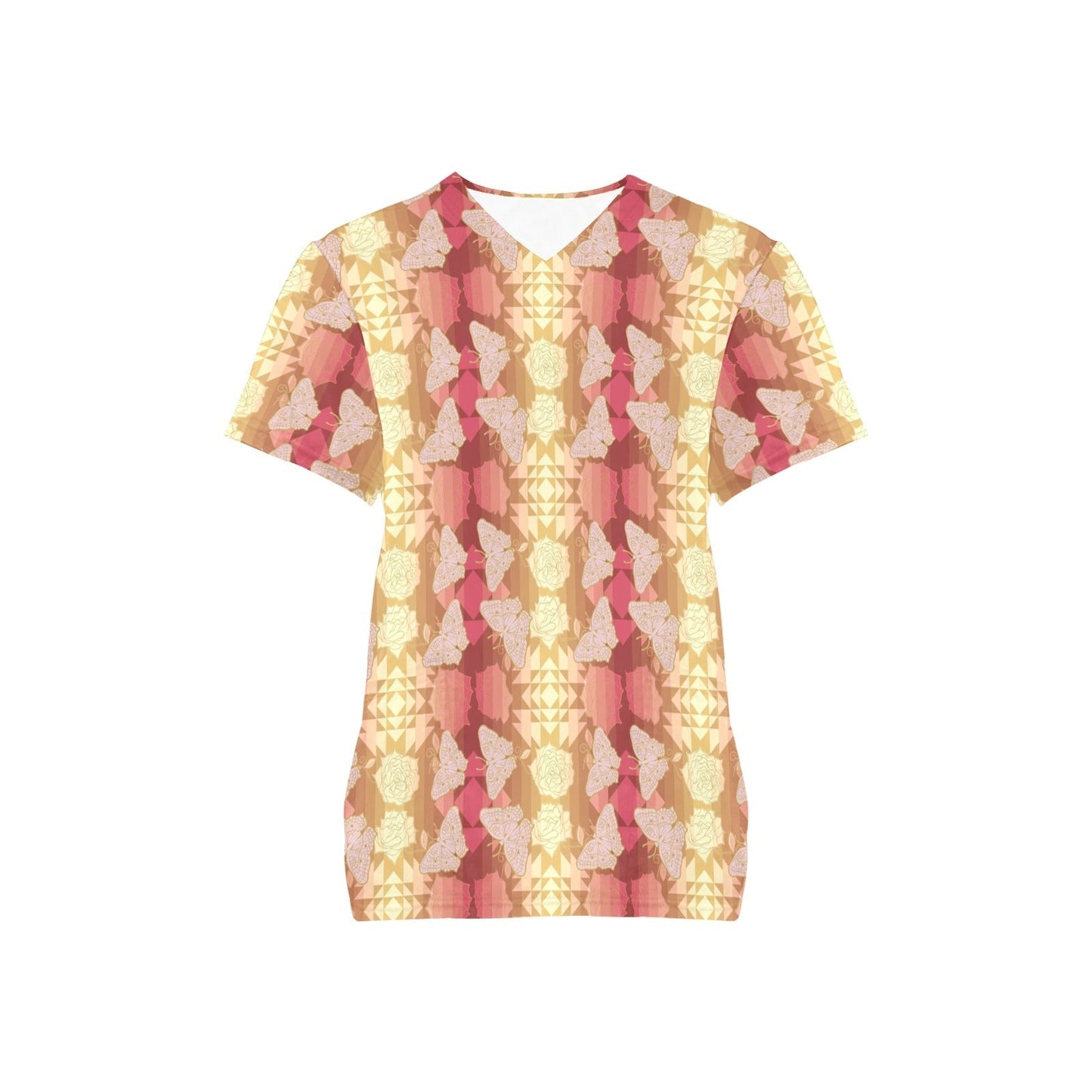 Butterfly and Roses on Geometric All Over Print Scrub Top Scrub Top e-joyer 