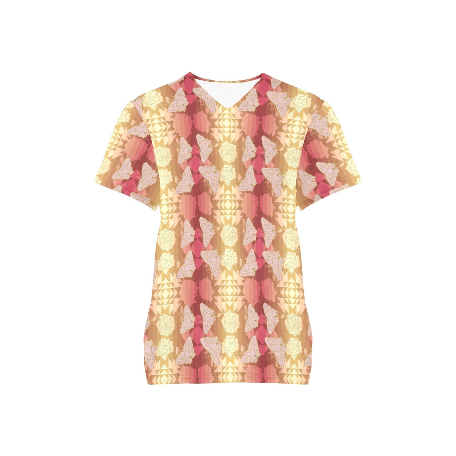 Butterfly and Roses on Geometric All Over Print Scrub Top Scrub Top e-joyer 
