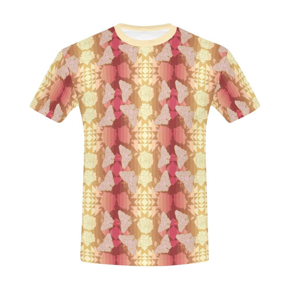 Butterfly and Roses on Geometric All Over Print T-Shirt for Men (USA Size) (Model T40) All Over Print T-Shirt for Men (T40) e-joyer 